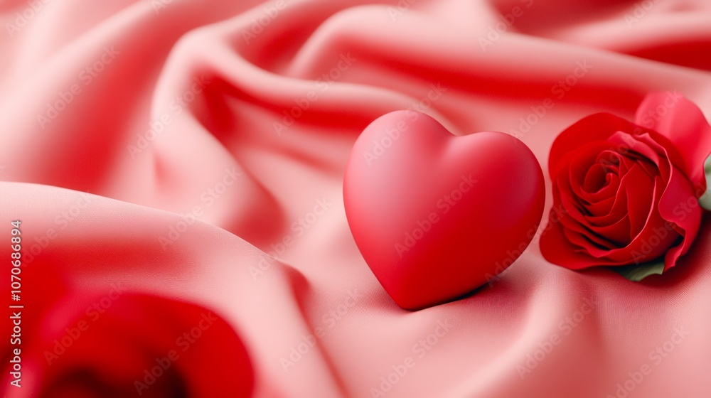 A close-up image featuring a red heart and a rose on soft, flowing fabric, perfect for themes of love, romance, or Valentine's Day, Ideal for greeting cards, invitations, or social media content, A close-up image featuring a red heart and a rose on soft, flowing fabric, perfect for themes of love, romance, or Valentine's Day, Ideal for greeting cards, invitations, or social media content,