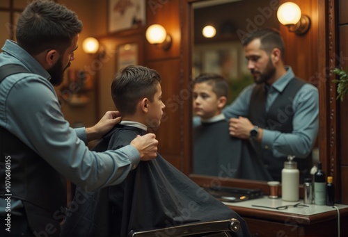 A barber carefully cutting a client's hair in a stylish barbershop with warm lighting and wooden decor. The scene reflects the professionalism and attention to detail in men's grooming.