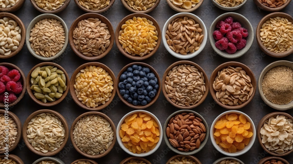 A variety of grains, nuts, and fruits arranged in bowls, showcasing healthy food options. A variety of grains, nuts, and fruits arranged in bowls, showcasing healthy food options.