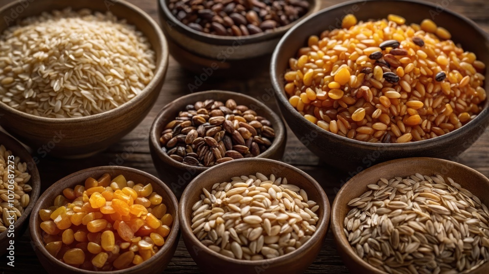 A variety of grains and seeds displayed in wooden bowls on a rustic surface. A variety of grains and seeds displayed in wooden bowls on a rustic surface.