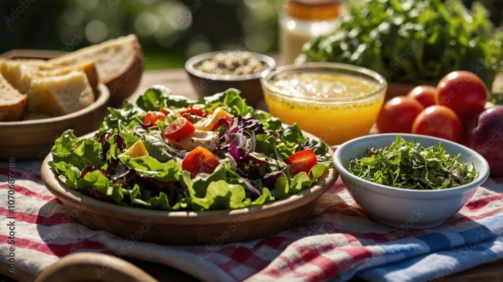 A vibrant salad with fresh vegetables, bread, and dressing, set outdoors for a healthy meal. A vibrant salad with fresh vegetables, bread, and dressing, set outdoors for a healthy meal.