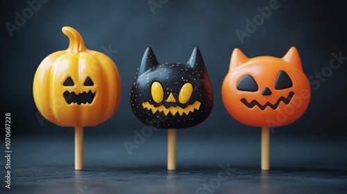 Sweet lollipops with Halloween striped pattern, twisted hard sugar candies on wooden stick. Vector cartoon set of caramel suckers with swirly patterns.