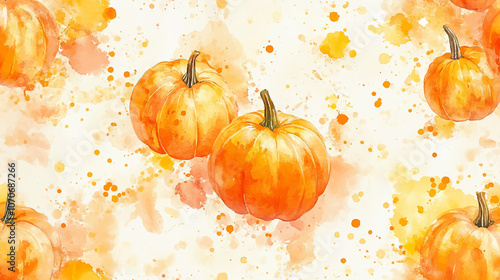 Splash watercolor illustration orange pumpkins isolated on white background. Hand drawn Farm organic autumn vegetables.