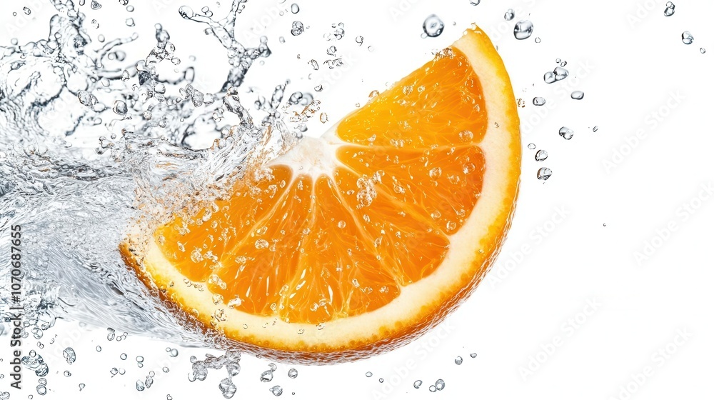 Fresh orange slice splashing into water, creating a vibrant and refreshing image. Fresh orange slice splashing into water, creating a vibrant and refreshing image.