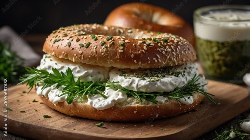 A bagel sandwich filled with cream cheese and fresh herbs on a wooden board. A bagel sandwich filled with cream cheese and fresh herbs on a wooden board.