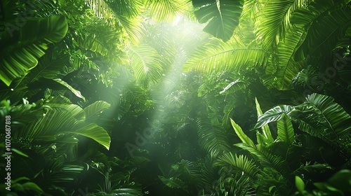 Sunlight streams through dense tropical rainforest foliage.