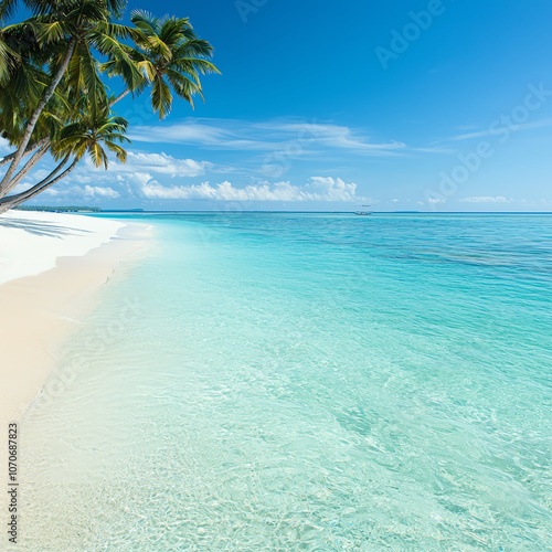 Tropical beach with palm trees and clear blue sea.