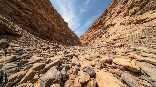 Rocky canyon path leading upwards towards blue sky.