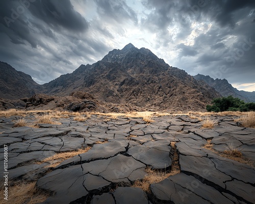 Mountain peak with dramatic clouds over cracked earth.