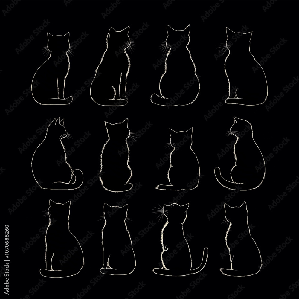 Set of black cat silhouettes isolated on background. Stencil for Halloween, card, poster or other design. Vector Illustration Black cat. Set of black cat silhouettes isolated on background. Stencil for Halloween, card, poster or other design. Vector Illustration Black cat.