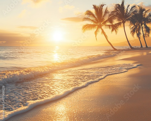 Golden sunset over a tropical beach with palm trees.