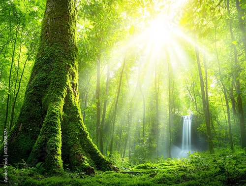 Sunlight streams through a lush green forest.