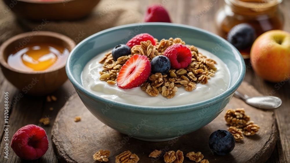 A bowl of yogurt topped with granola, berries, and honey, set on a rustic wooden table. A bowl of yogurt topped with granola, berries, and honey, set on a rustic wooden table.