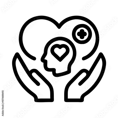 Mental health support icon featuring hands, a heart, and a brain symbol no background