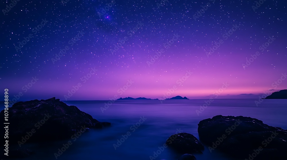 Fototapeta premium Star trails weave across a night sky over the calm sea, revealing the beauty of the cosmos near a tranquil island setting