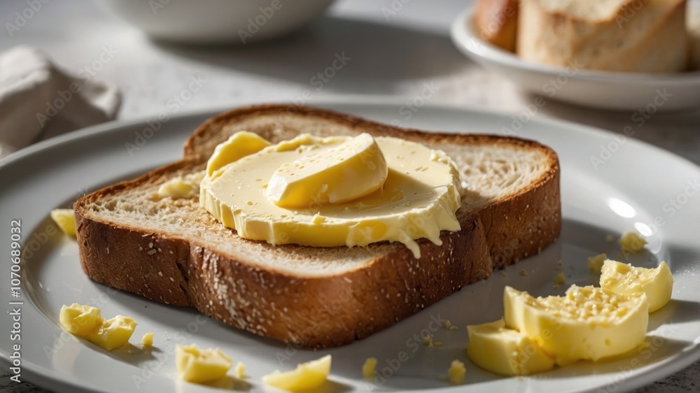 A slice of bread topped with butter, showcasing a simple breakfast or snack option. A slice of bread topped with butter, showcasing a simple breakfast or snack option.