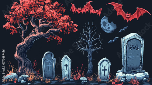 Halloween cemetery landscape silhouette with zombie hands and gravestones. Halloween holiday trick or treat night vector banner of creepy graveyard, trees, spiders, bats and full moon sky background.