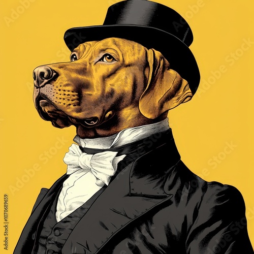 illustration of a serious looking dog in a black tuxedo and hat on a yellow background photo