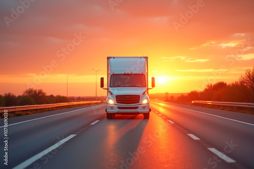 Wallpaper Mural A van truck is driving along the highway front view at sunset dawn Torontodigital.ca