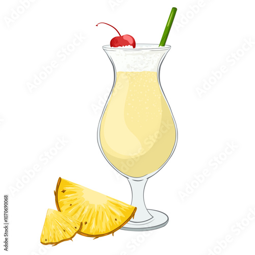 Pina colada cocktail in glass with straw and pineapple slice. Cartoon glass with non-alcoholic mocktail. Vector summer drink. Beverage with pineapple and milk. Print for menu, restaurants, stickers