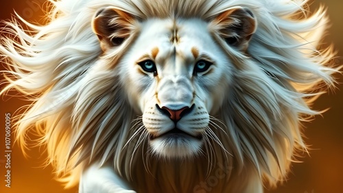 Majestic White Lion Staring Intently Beautiful Eyes Captivating Mane Powerful Presence Wild Animal photo