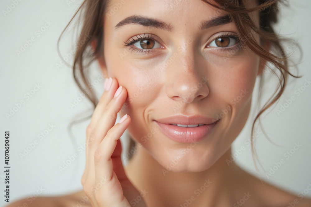 portrait of a beautiful woman touching her skin with her hand , skin care concept , healthy skin portrait of a beautiful woman touching her skin with her hand , skin care concept , healthy skin