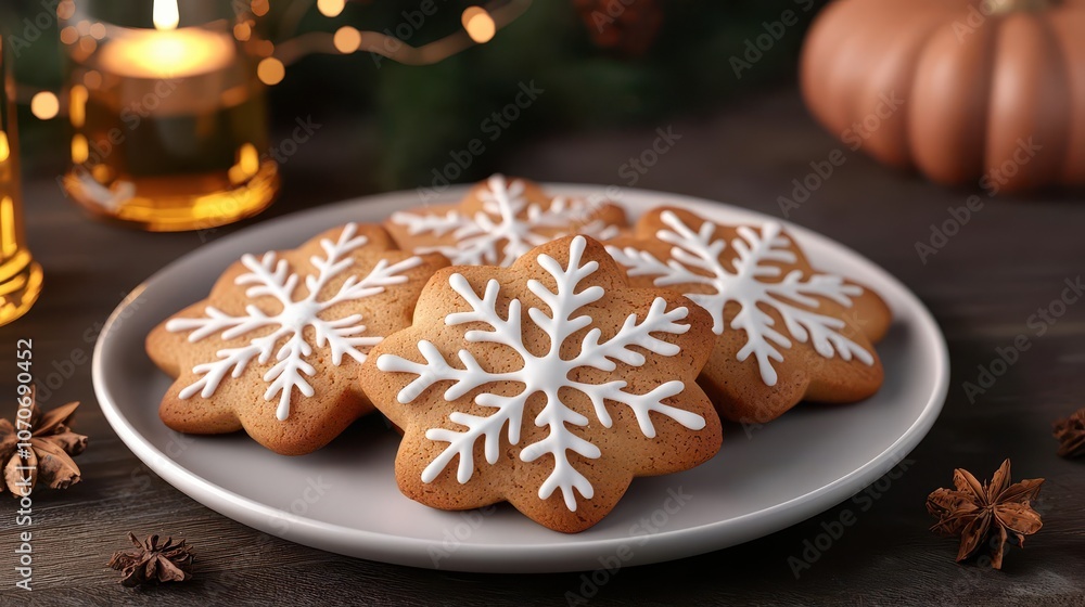Delicious snowflake decorated cookies on a plate, rustic holiday ambiance. Delicious snowflake decorated cookies on a plate, rustic holiday ambiance.