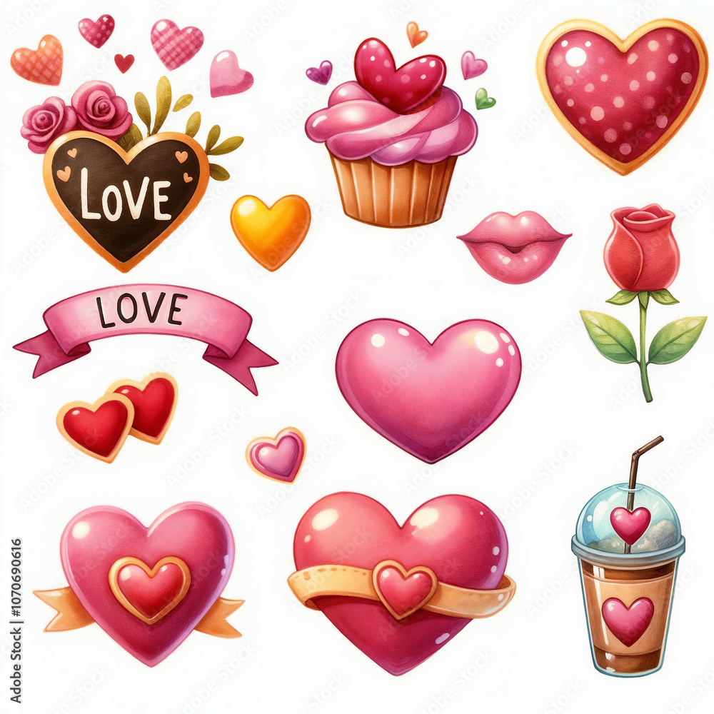 Cute cartoon set of stickers on Valentine's day on white background. AI Cute cartoon set of stickers on Valentine's day on white background. AI