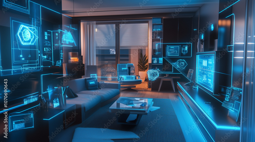 High-Tech Smart Home at Night with Glowing AI Control Panels, Wireframe Neon Connections, Aerial View of Connected Devices & Futuristic Gadgets High-Tech Smart Home at Night with Glowing AI Control Panels, Wireframe Neon Connections, Aerial View of Connected Devices & Futuristic Gadgets