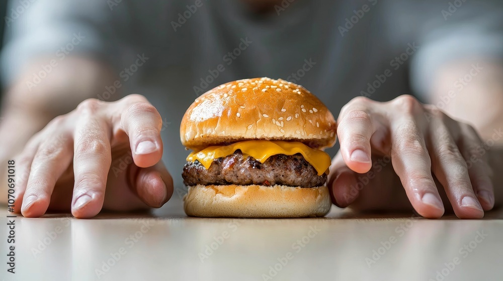 A close-up of a juicy cheeseburger on a table, with two hands reaching towards it, highlighting the tempting, delicious meal. A close-up of a juicy cheeseburger on a table, with two hands reaching towards it, highlighting the tempting, delicious meal.