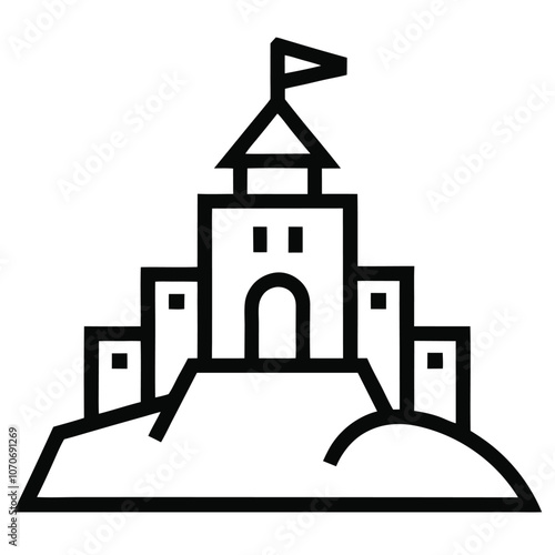 Hilltop Castle Vector icon Outline, Hilltop Castle Black Stroke Linear icon design