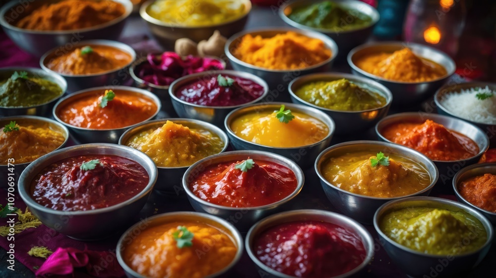 Colorful array of spices in bowls, showcasing variety and culinary richness. Colorful array of spices in bowls, showcasing variety and culinary richness.