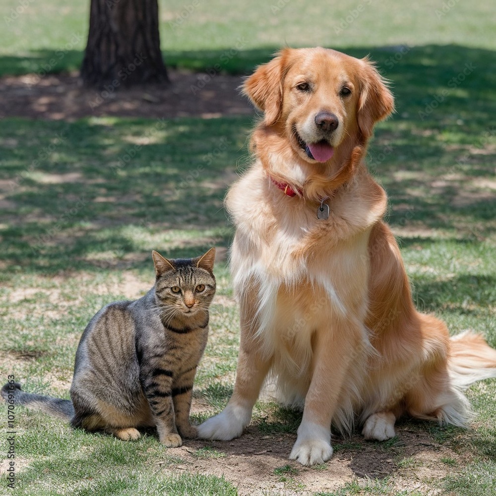 golden retriever puppy and cat in park golden retriever puppy and cat in park