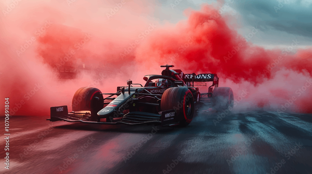 Naklejka premium Sleek black Formula 1 car leaving trail of red smoke against pastel backdrop, creating vibrant and futuristic racing scene.