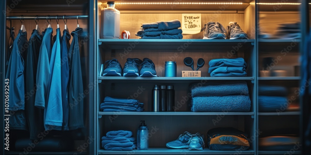 A Well-Organized Closet with Blue Clothing and Accessories A Well-Organized Closet with Blue Clothing and Accessories