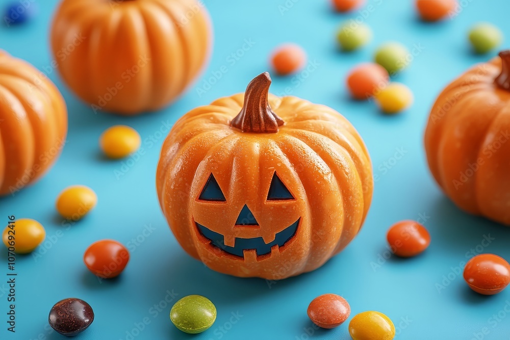 Halloween pumpkins and candy on a blue background, ultra-realistic photography with a festive holiday theme. Halloween pumpkins and candy on a blue background, ultra-realistic photography with a festive holiday theme.