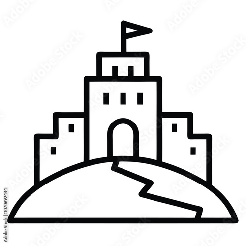 Hilltop Castle Vector icon Outline, Hilltop Castle Black Stroke Linear icon design