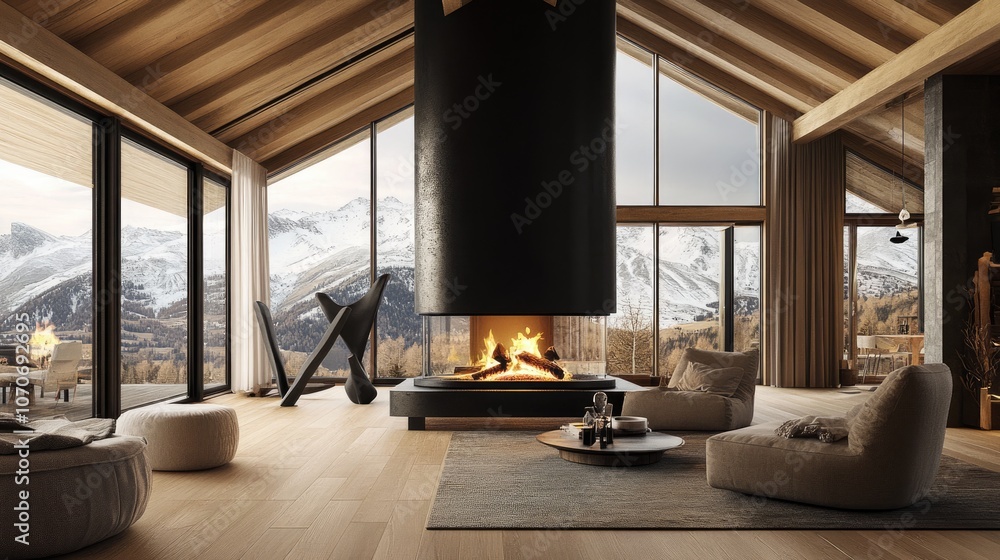 Fototapeta premium Modern Mountain Cabin Interior with Fireplace