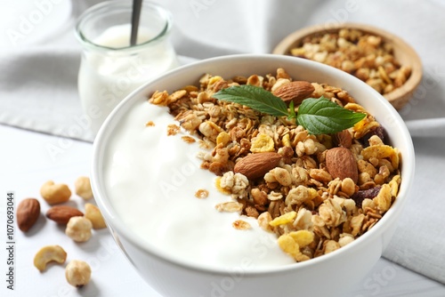 Delicious granola with yogurt on the table