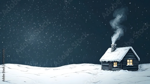 A Cozy Cabin in a Snowy Winter Night. Copy space concept, for text.