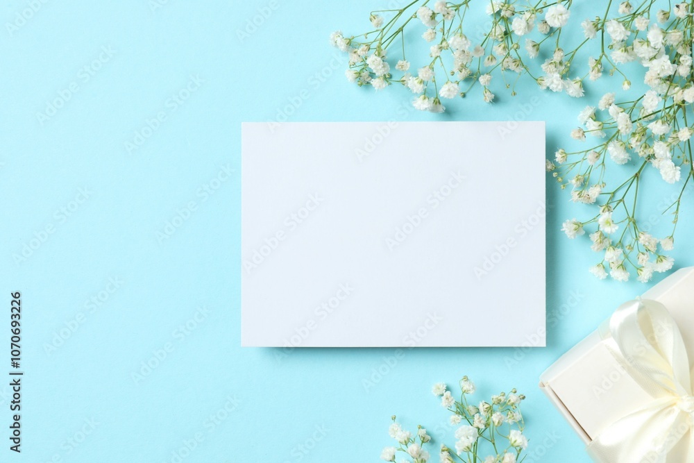 Top view photo with paper card and gypsophila flowers on color background Top view photo with paper card and gypsophila flowers on color background