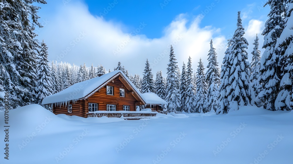 Snow-Covered Cabin Nestled in a Snowy Forest Snow-Covered Cabin Nestled in a Snowy Forest