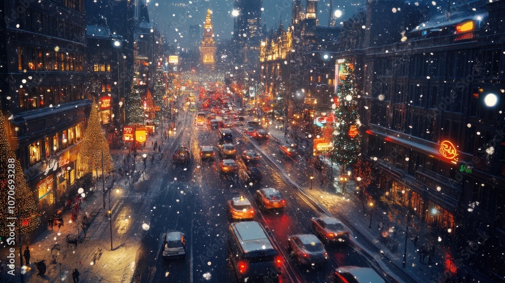 Fototapeta premium Snowflakes gently blanket a lively city on a festive winter's eve. Amid glowing streetlights and shimmering garlands, cars move carefully along road colorful lights bring warmth to the holiday scene