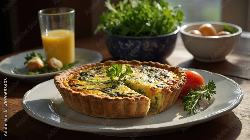 A delicious quiche served with fresh ingredients and drinks, showcasing a wholesome meal. A delicious quiche served with fresh ingredients and drinks, showcasing a wholesome meal.