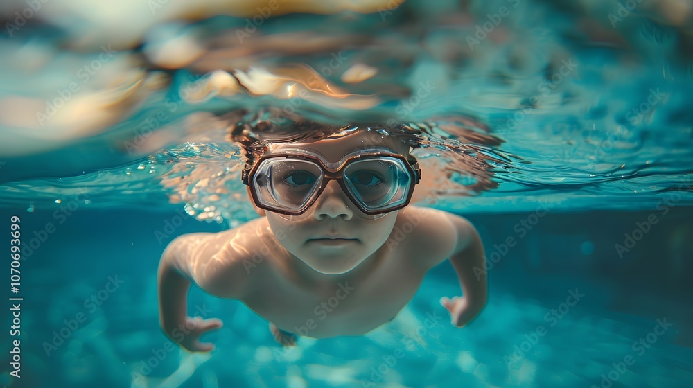 Naklejka premium A Child Wearing Swimming Goggles Underwater