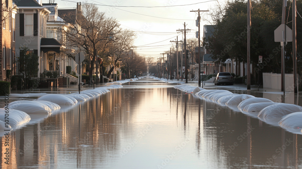 Fototapeta premium Flooded Streets with Flood Protection Bags Community Response
