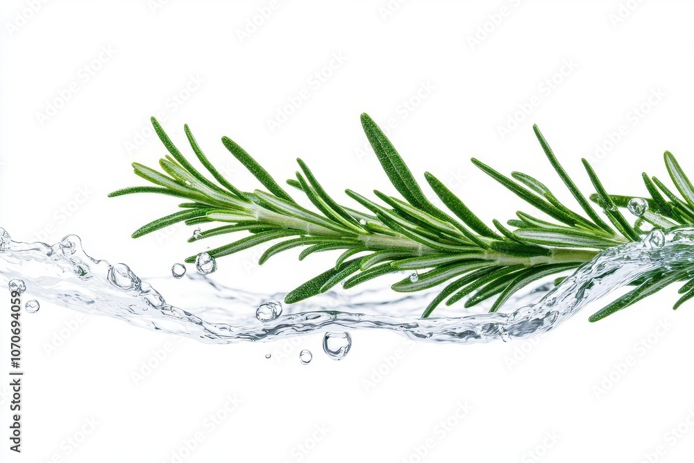 Fresh rosemary sprig in a splash of water, isolated on white background. Fresh rosemary sprig in a splash of water, isolated on white background.