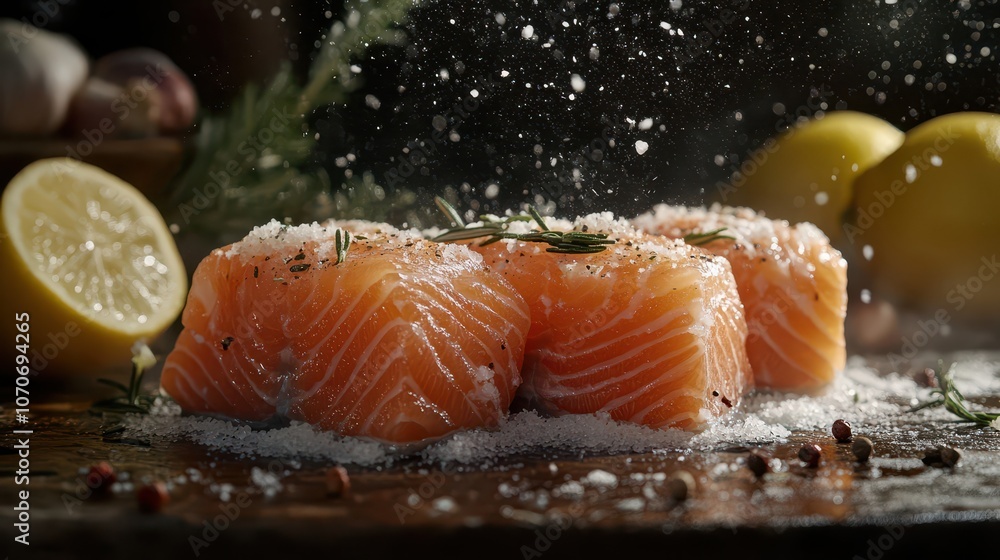 Salmon fillets with garlic, lemon, rosemary and spices Salmon fillets with garlic, lemon, rosemary and spices