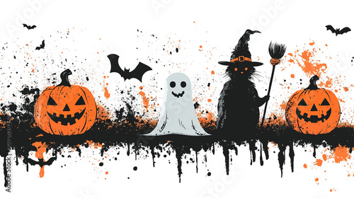 Graffiti spray pattern. Collection of halloween symbols, ghost, bone, skull, pumpkin, eye, doll with spray texture isolated on white background for banner, street art, halloween vector illustration.