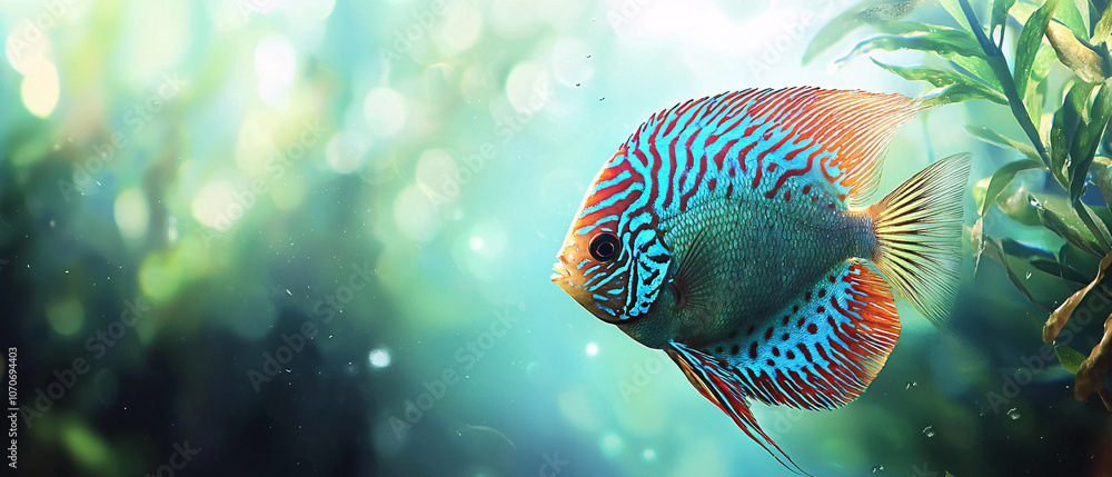 vibrant discus fish with striking electric blue and red patterns swims gracefully among lush aquatic plants, creating serene underwater scene vibrant discus fish with striking electric blue and red patterns swims gracefully among lush aquatic plants, creating serene underwater scene